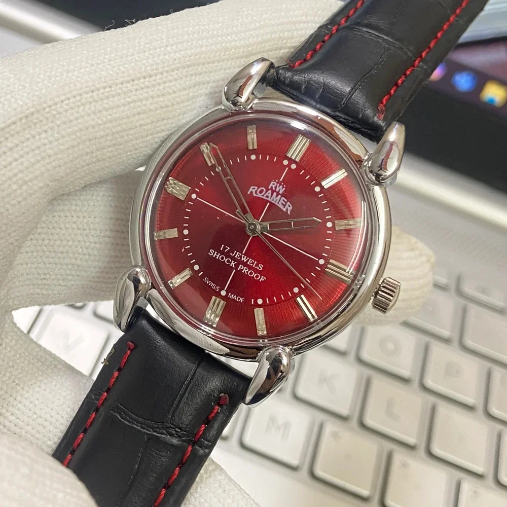 Vintage 1983 Roamer Manual Mens Silver Watch W/Leather Strap & Red accents